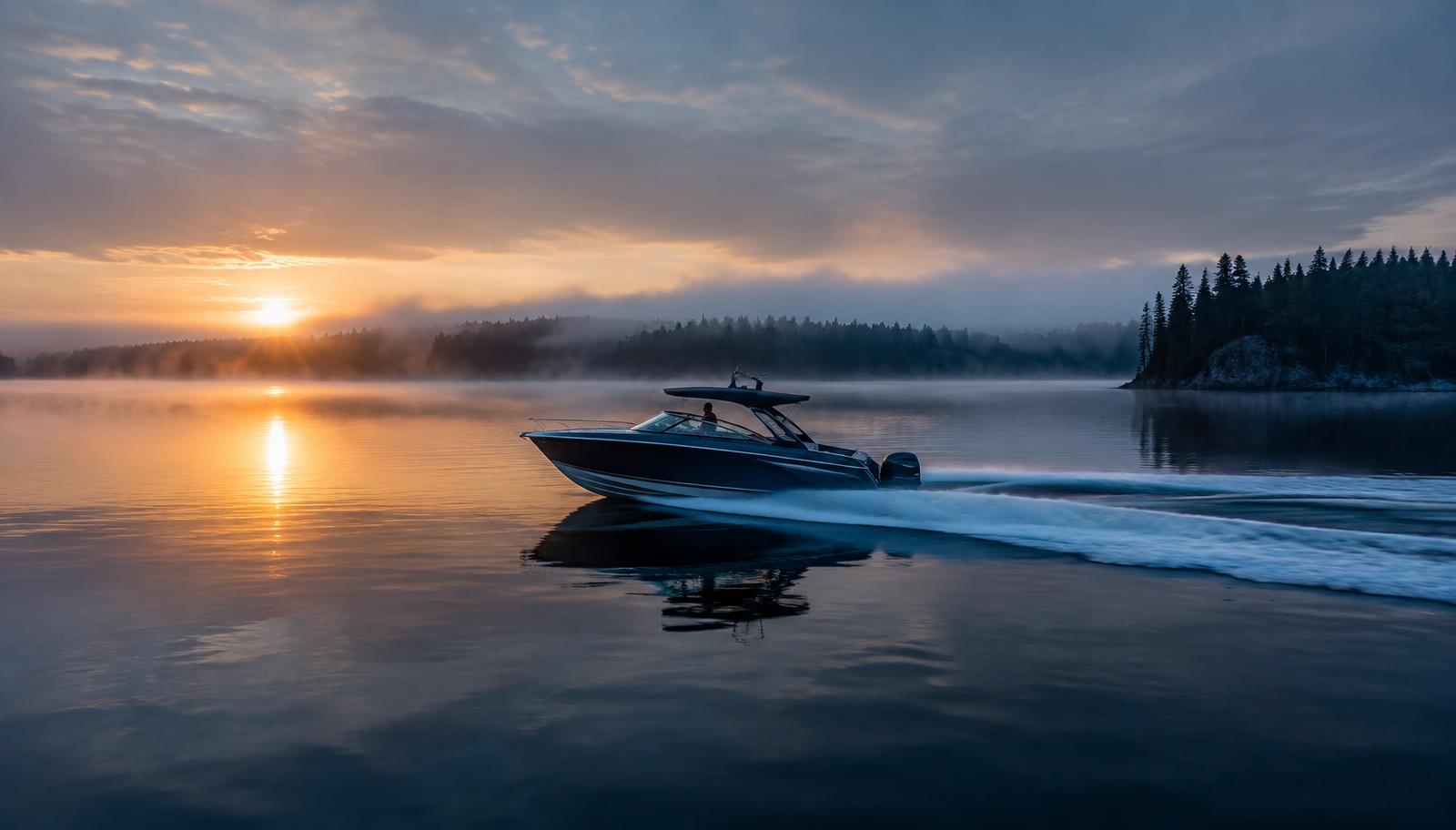 Illustrative motorboat gliding across a calm Canadian lake at sunrise