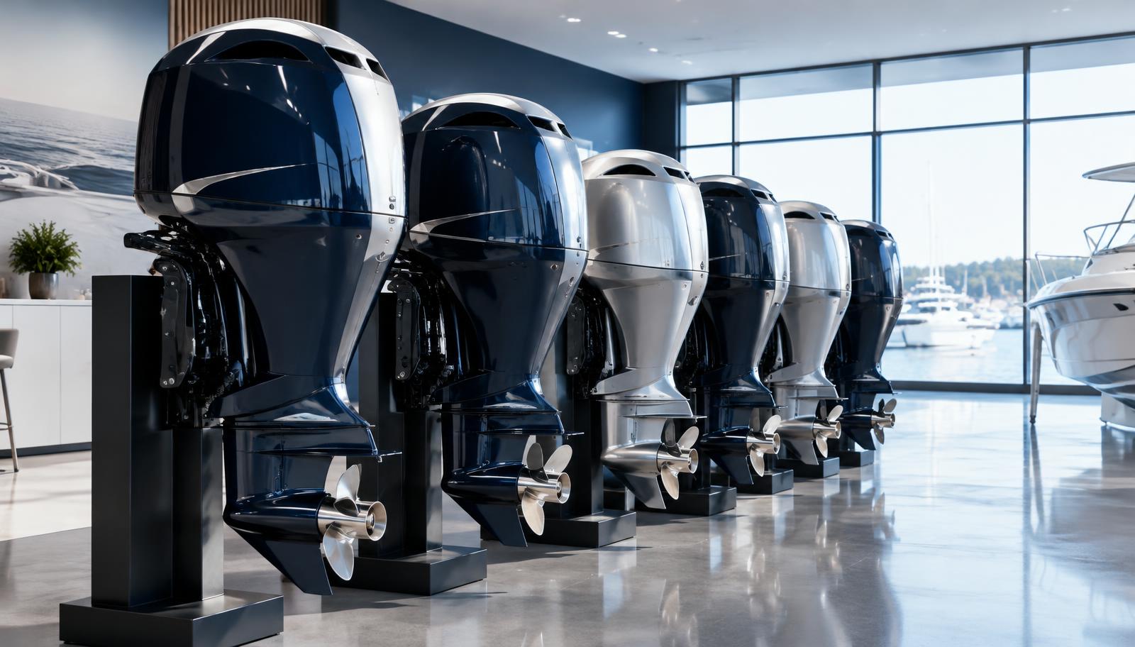 Illustrative row of outboard motors in a marine showroom